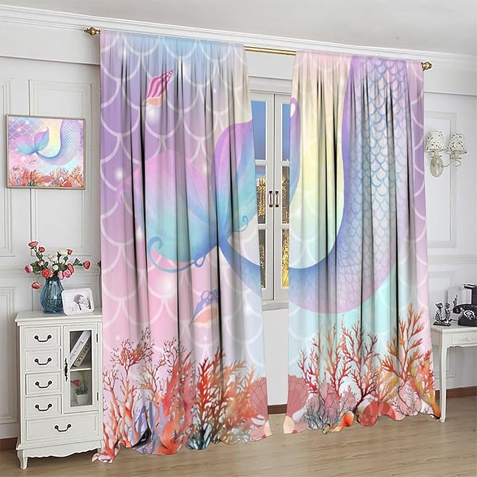 Dream Mermaid Curtains Colorful Mermaid Fish Tail Scale Fantasy Ocean Theme Beautiful Kids Window Treatment for Girls Bedroom Nursery Room Decor Rod Pocket Window Drapes 63x72in