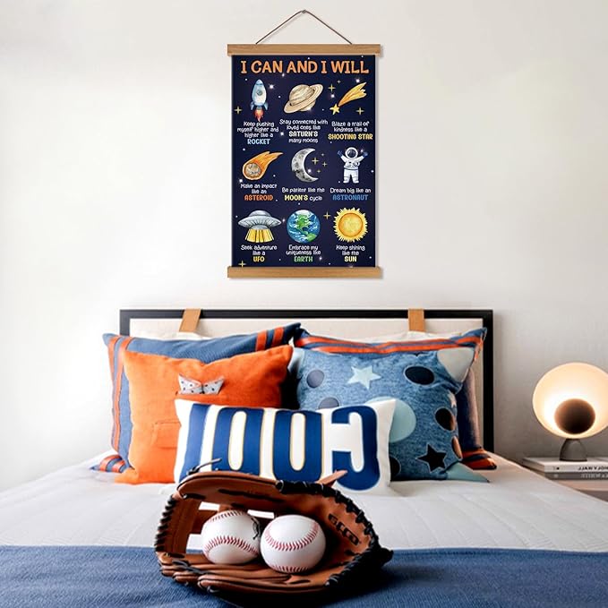 KAIRNE Outer Space Poster,I can I Will Positive Space Themed Decor,Rocket Prints Astronaut Hanging Canvas With Magnetic Hanger,Motivational Wall Art for Boys Room Bedroom Kids Classroom Decor