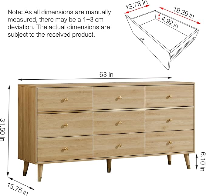 9 Drawer Dresser,63" Wide Mid Century Modern Chest of Drawers,Wooden Bedroom Drawer Dresser with 9 Storage Drawers for Bedroom, Living Room,with Anti-Tipping Device,Natural