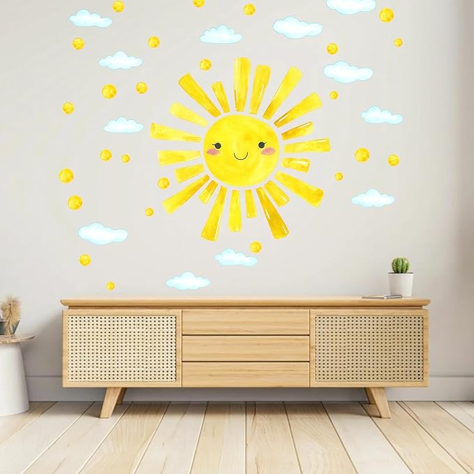 Radiant Smile Sun and Cloud Wall Decals - 12 Sheets Window Clings Watercolor Large Peel and Stick Wall Stickers for Kids Room, Nursery, Bedroom, Playroom Decor