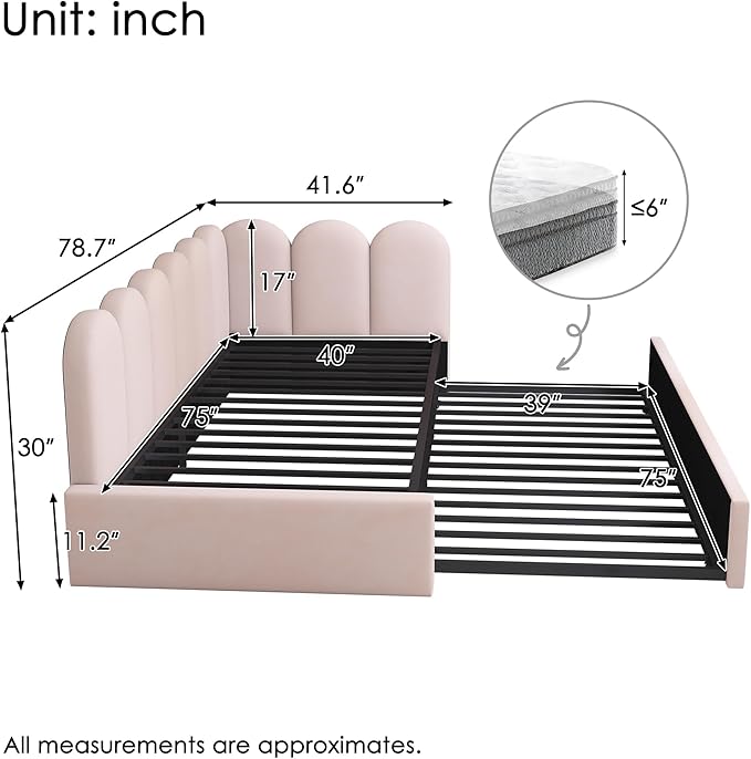 Merax Twin Size Modern Upholstered Platform Bed with Trundle Bed, Floor Sofa Daybed with Metal Slat Support, Low Bed Frame with Headboard/Twin, Pink