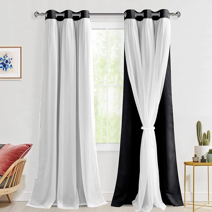 Hiasan Blackout Curtains with Sheer Overlay Double Layer Mix and Match Window Curtains for Bedroom Living Room Thermal Insulated Panels with Tiebacks Grommet Top, Black,2 Panles, 42W X 96L