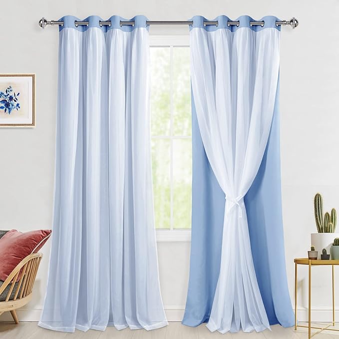 Hiasan Blackout Curtains with White Sheer, Mix & Match Double-Layer Thermal Insulated Sun Blocking Grommet Window Curtains for Bedroom, Living Room, 2 Drape Panels with Tiebacks, Baby Blue, 52W X 96L