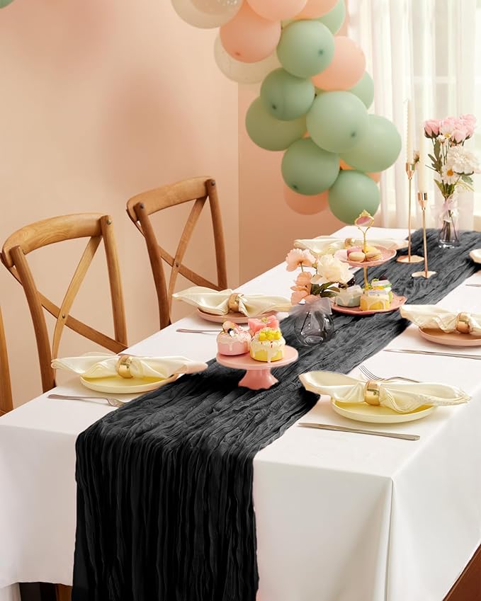 Pureegg 3-Pack Cheese Cloths Table Runner, 120'' Boho Table Cloth Decorations for Party, Baby Shower, Wedding and Farmhouse, Fabric Room Decor, Black