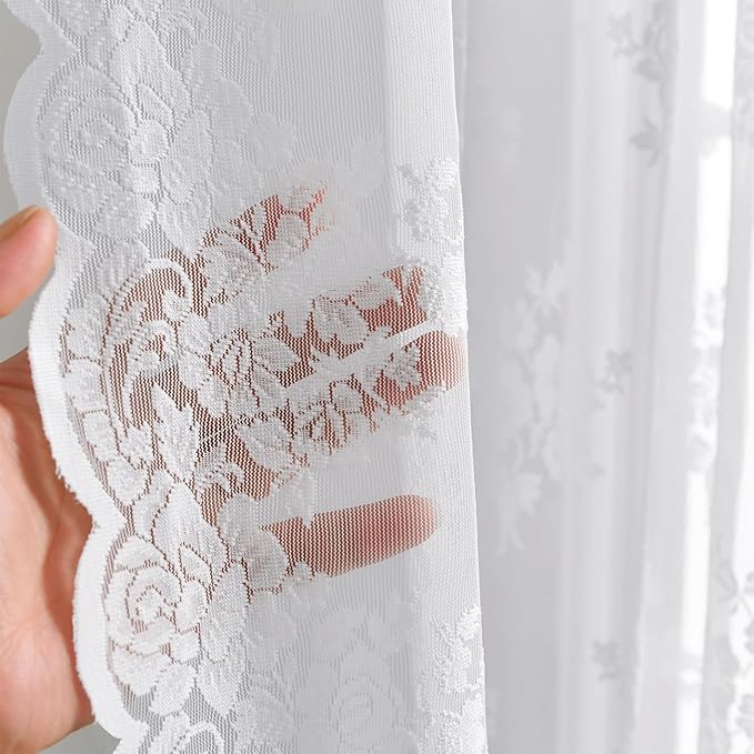 Kotile Extra Long Lace Curtains, Country Rustic White Lace Curtains 120 Inches Long for Living Room, Rod Pocket Privacy Sheer Lace Window Curtains, 52 x 120 Inch, 2 Panels, White