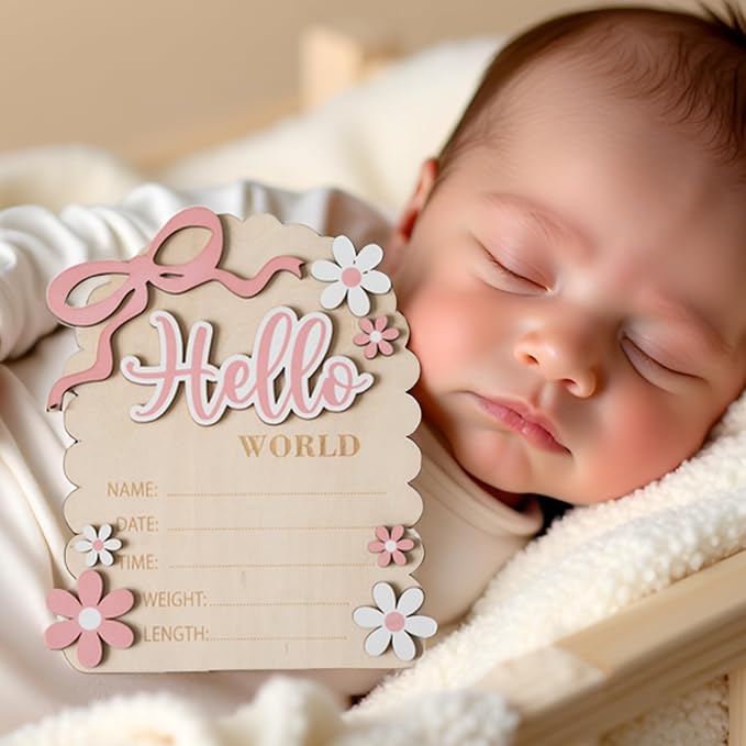 Baby Announcement Sign, Hello World Newborn Sign for Hospital, She’s Here Card, Baby Announcements Ideas, Newborn Photography Props Double-Sided (HW3)