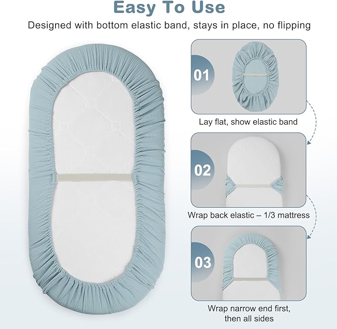 Basumee Muslin Bassinet Sheets for Baby Girl Boy 2 Pack Soft Breathable Baby Bedside Bassinet Fitted Sheets with Bottom Elastic Band 33''x17''x4'' Mattress Cover for Rectangle Oval Hourglass Bassinets