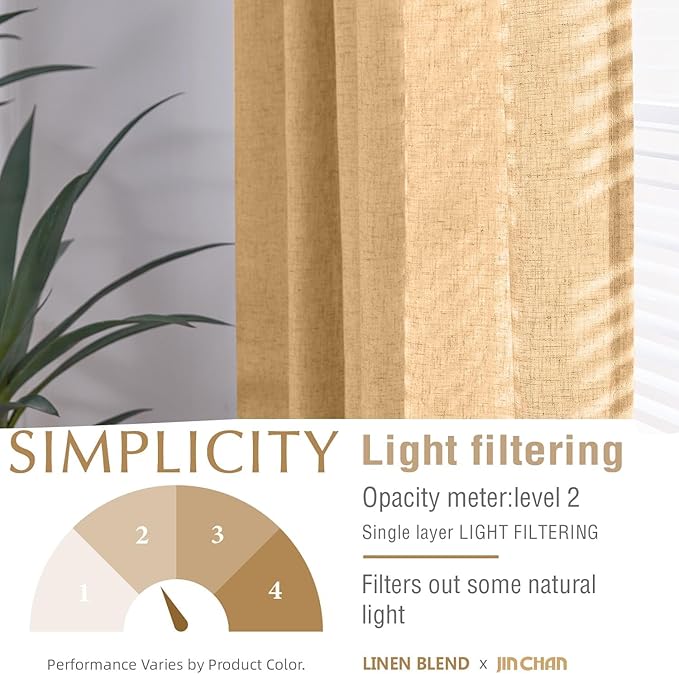jinchan Linen Blend Curtains 90 inch Length 2 Panels for Bedroom Living Room, Light Filtering 50 inch Wide Farmhouse Drapes with Rod Pocket Back Tab(50W x 90L, Mustard Yellow)