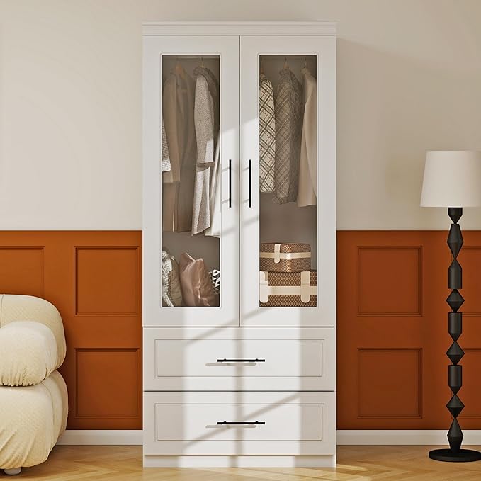 Armoire Wardrobe Closet with 2 Glass Door, White Wood Wardrobe Closet Wooden Bedroom Armoire with 2 Drawer Hanging Rods for Home/Bedroom/Living Room Style-51