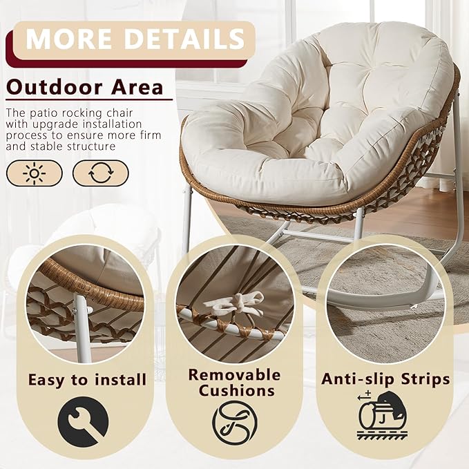 Oversized Outdoor Papasan Rocking Chair with Soft Cushion, Comfy Patio Egg Chair, Wicker Lounge Rocker for Balcony/Porch/Garden, Reinforced All Weather Rattan Frame, 330 lbs Support, Cream