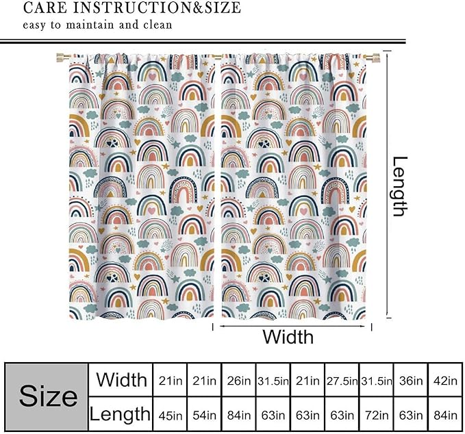 Kids Rainbow Curtains Boho Cartoon Colorful Stars Love Heart Lovely Abstract Art Pattern Print Window Drapes for Girl Bedroom Living Room Kitchen Decor,2 Panel Set,42Wx45H Inch Blackout