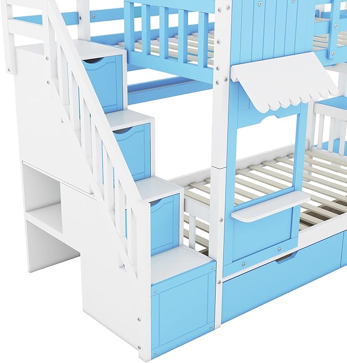 Twin-Over-Twin Castle Style Bunk Bed with 2 Drawers and 3 Shelves, Wooden Bunk Bed Frame and Storage Staircase