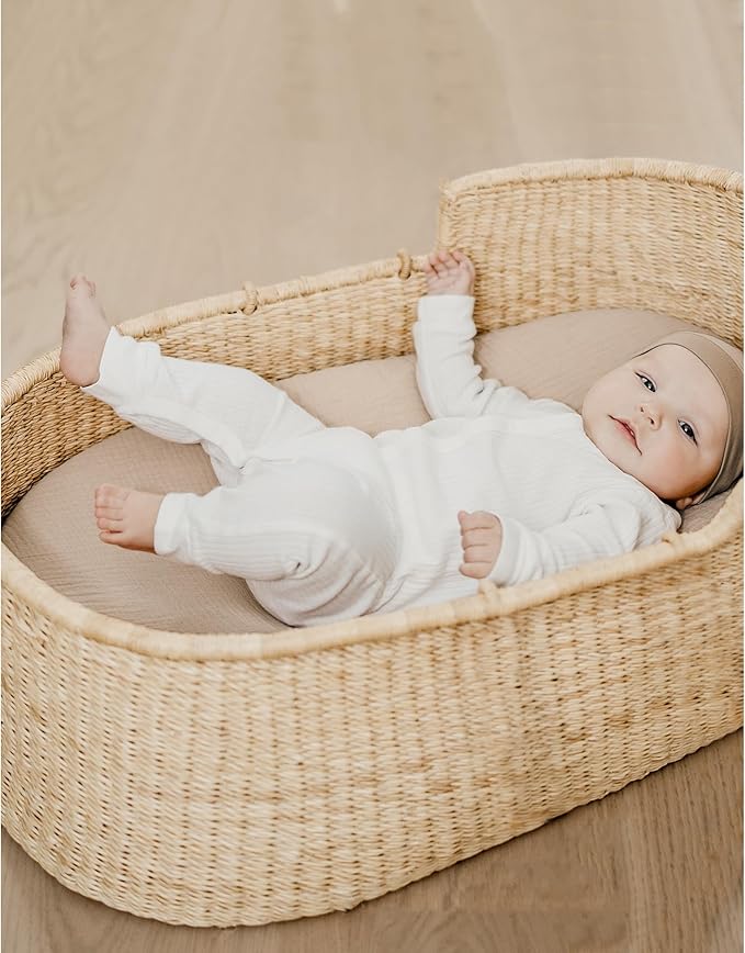 Konssy 2 Pack Muslin Bassinet Sheets for Baby Boy, 100% Cotton Soft Breathable Bassinet Mattress Sheets Fit for Hourglass Oval Cradle Rectangle Mattress (Brown,Summer Wheat)