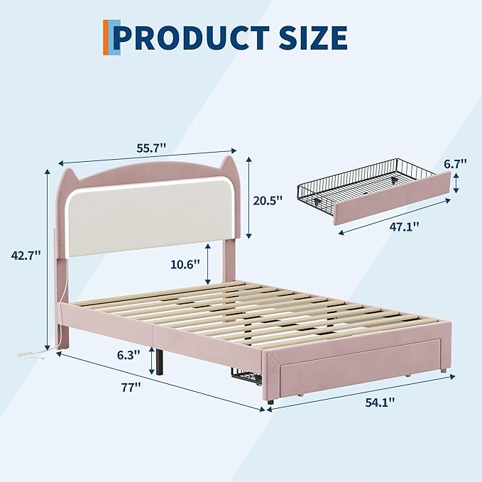 Full Size Princess Bed Frame with LED Lights & Storage Drawer - Pink Velvet Upholstered Cat Headboard Platform Bed for Kid- Sturdy Wood Slats, No Box Spring Needed, App & Remote Control,Pink & White