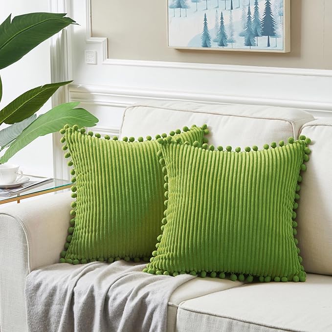 Fancy Homi 2 Packs Lime Green Decorative Throw Pillow Covers 16x16 Inch with Pom poms, Boho Farmhouse Home Decor, Soft Corduroy Accent Square Cushion Case for Living Room Couch Bed Sofa 40x40 cm