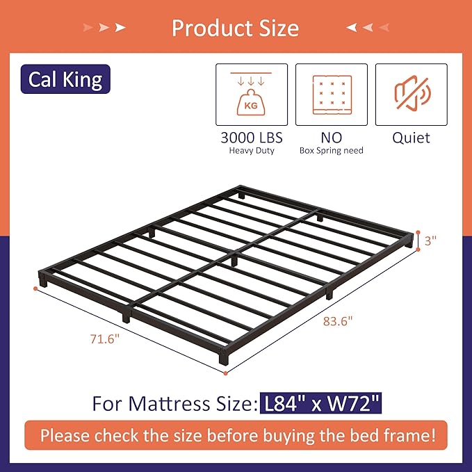 3 inch Cal King Bed Frame Low Profile, California King Bed Frames No Box Spring Needed, Heavy Duty Metal, Easy Assembly, Black