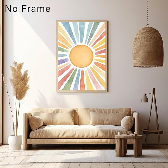 Boho Sun Canvas Wall Art Nursery Sun Prints Watercolor Sunshine Art Colorful Sunshine Poster Abstract Geometric Painting Colorful Geometric Prints Modern Minimalist Poster 16x24inch Frameless