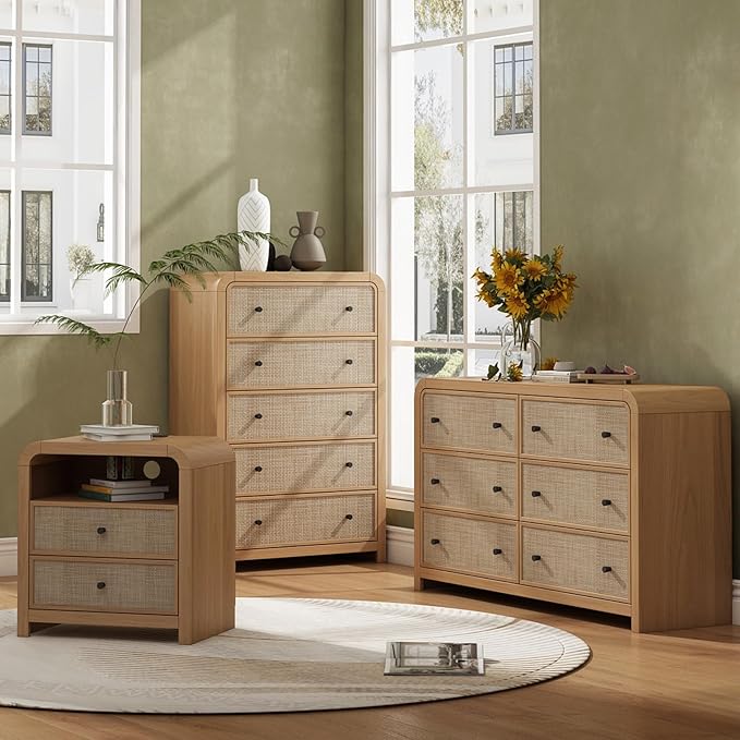 Oak&Sparrow 2 Drawer Tall Dresser for Bedroom, 23.6'' Rattan Dresser with Ample Storage, Boho Chest of Drawers, Thickened Curved Profile Design, Oak Dressers for Bedroom, Living Room