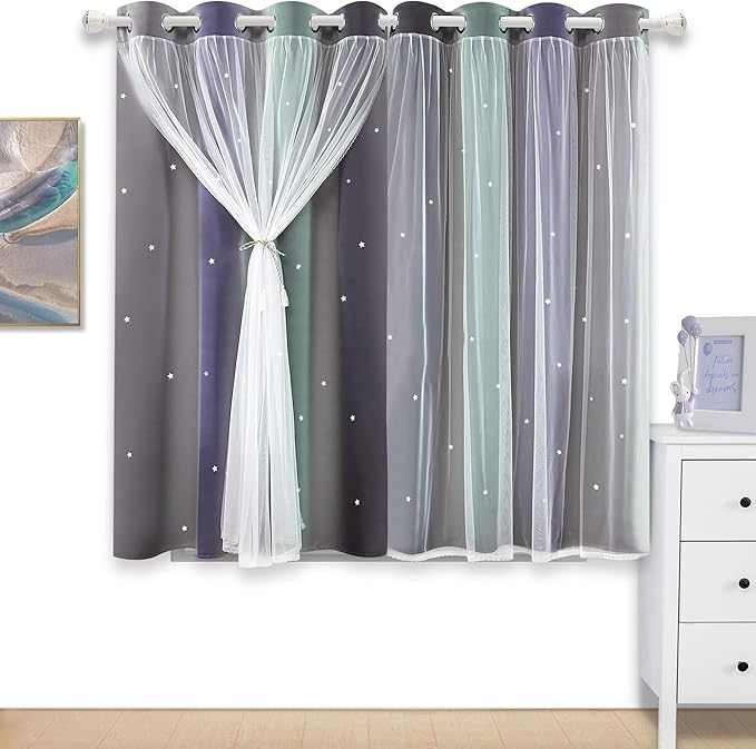 Kinryb Nursery/Kids/Girls Room Star Cut Out Blackout Rainbow Curtain with Sheer Overlay 2 Panels, Each 52 inch Wide,45 inch Length with White Gauze,Ombre Stripe Rainbow Curtains (2 Panels,52x45 Inch)