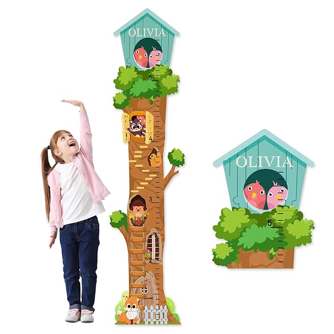 Personalized Name Growth Chart for Wall - Tree House Animals Kids Height Ruler, Wooden Growth Chart for Kids, Meaningful Memories Through Kid Size Chart Measurement