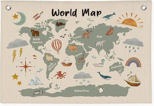 Wheatwin World Maps for Wall, Kids World Map Banner, Cute Animal World Map Educational Tapestry Wall Hanging Banner Flag Decor for Kids Room Classroom Playroom