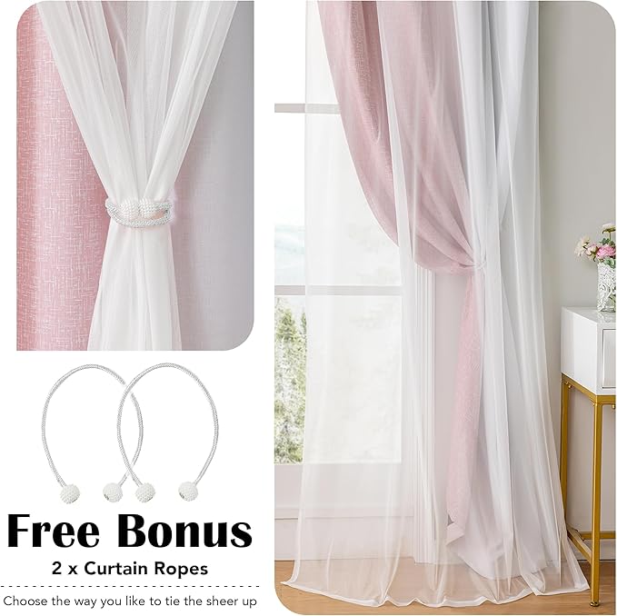 100% Blackout Curtains with Sheer Overlay Mix and Match Double Layer Drapes 90 Inch Long 2 Panels for Bedroom Living Room Pink White Ombre Grommet Window Treatment with Tiebacks