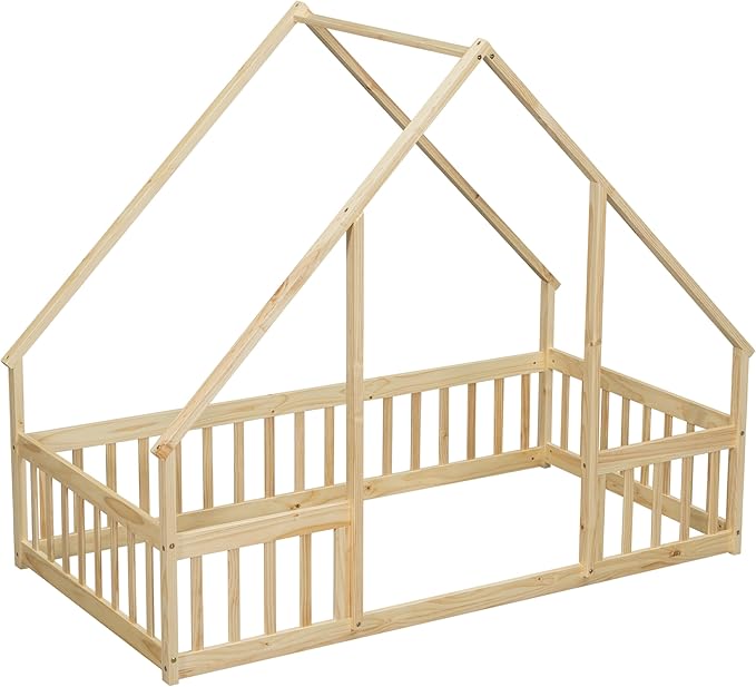 Bellemave Twin Floor Bed for Kids, Girls, Boys, Wood House Bed Frame, House Floor Bed, Twin Size Montessori Floor Bed with Fence, Playhouse, Natural