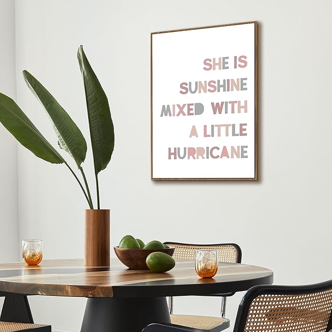 PHAMTE Girls Bedroom Wall Art Framed,She is Sunshine Mixed with a Little Hurricane Girly Room Wall Art Decor, Sunshine Boho Print Framed Canvas Painting Dorm Bedroom Nursery Playroom Decor 16x24in