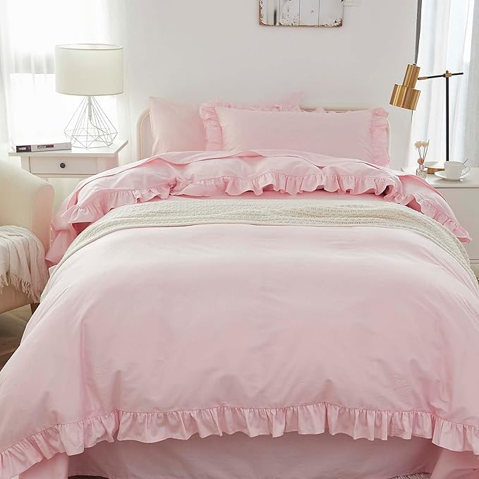 Brandream Kid's Duvet Cover Twin/Twin XL Size,100% Organic Cotton 2pcs Girl Bedding Duvet Cover Set, Ruffled Fringe Solid Color Breathable Soft with Zipper Closure & Corner Ties(Pink)