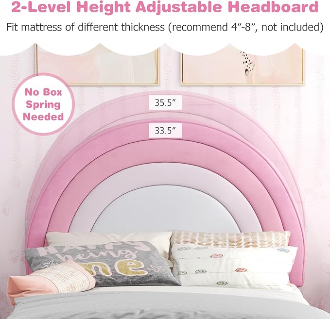 Costzon Twin Bed Frames with Adjustable Headboard, 660 LBS Weight Capacity Upholstered Wooden Kids Bed w/Slats Support, No Box Spring Needed, Easy Assembly, Twin Platform Bed Frame (Pink Rainbow)