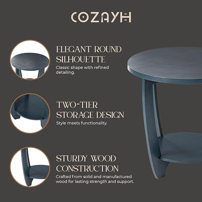 COZAYH Rustic Farmhouse End Table with Storage Shelf, French Country Modern Round Accent Side Table for Small Spaces, Vintage Blue Finish
