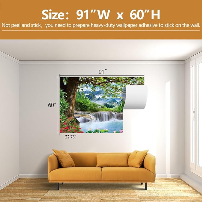 Waterfall Landscape Wallpaper Natural Scenic Wall Mural for Living Room Office（Not Peel and Stick）
