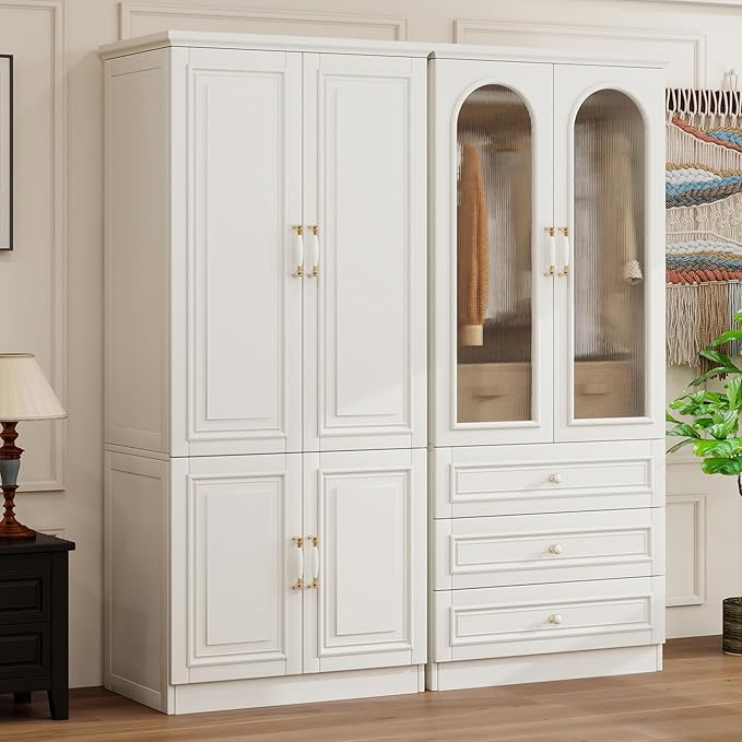 Solid Wood Wardrobe Closet:TemkTuek 70.87" Large Armoire Wardrobe Cabinet,Clothing Storage Cabinet with Doors,Shelves and Hanging Rails,Vintage Freestanding,Bedroom,White(18-19)