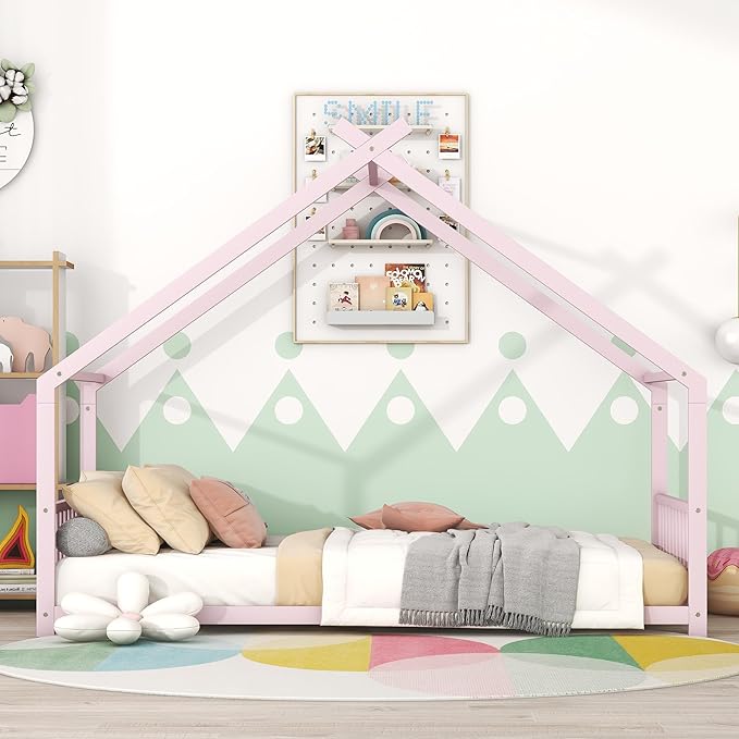 Twin Size House Shaped Montessori Platform Beds, Wood Floor Bed Frame with Roof and Fence Deisgn, Kids Double Toddler Bed for Children Boys Girls, Easy Assemble, No Box Spring Needed, Pink