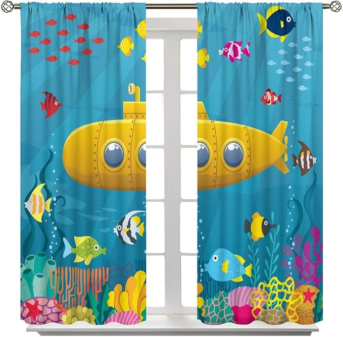 Boy Window Curtains Submarine Window Drapes Yacht Window Treatments Underwater World Oasis Thermal Drapes for Kids Girls Toddler Teens Room Dorm Decor Set 2 Panels,63x72 Inches, Style-1
