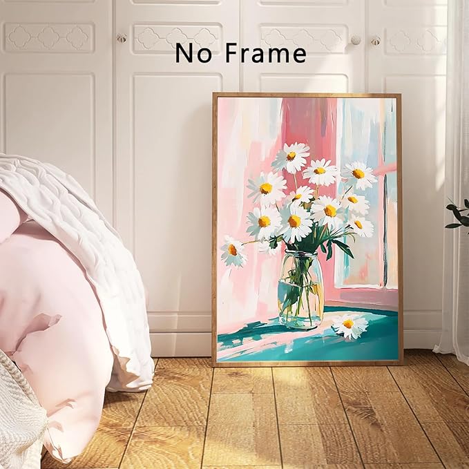 Rustic Farmhouse Floral Canvas Wall Art Flower Still Life Prints Flower In Vase Painting Modern Floral Canvas Daisy Painting White Daisy Picture Aesthetic Flowers Poster 16x24inch No Frame
