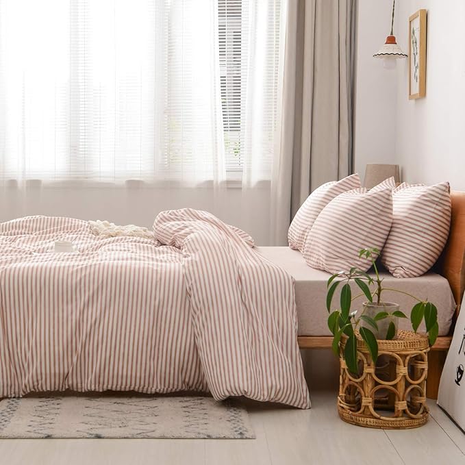 JELLYMONI 100% Natural Cotton 2pcs Striped Duvet Cover Sets,White Duvet Cover with Pink Stripes Pattern Printed Comforter Cover,with Zipper Closure & Corner Ties(Twin Size)