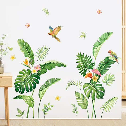Tropical Plant Leaf Wall Decals, Palm Leaves Boho Spring Summer Green Tree Flower Birds Nature Monstera Wall Stickers Art Decor for Living Room Office Nursery Classroom Gifts for Mom