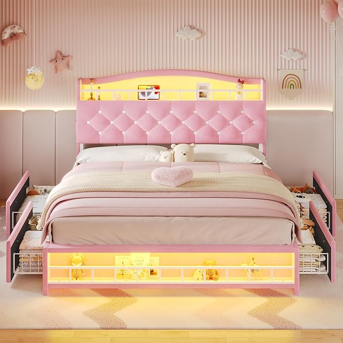 BTHFST Full Bed Frame with Storage Headboard & 4 Drawers, Girl Upholstered Storage Bed with LED Lights & Charging Station, No Box Spring Needed, Easy Assembly, Pink