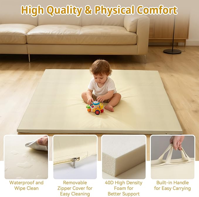 Baby Play Mat, 48 x 48 Inch Foldable PU Leather Waterproof Playpen Mat, 1.6" Extra Thick Foam Floor Mat for Infants and Toddlers, Non-slip Toddler Activity Playmat Cushion