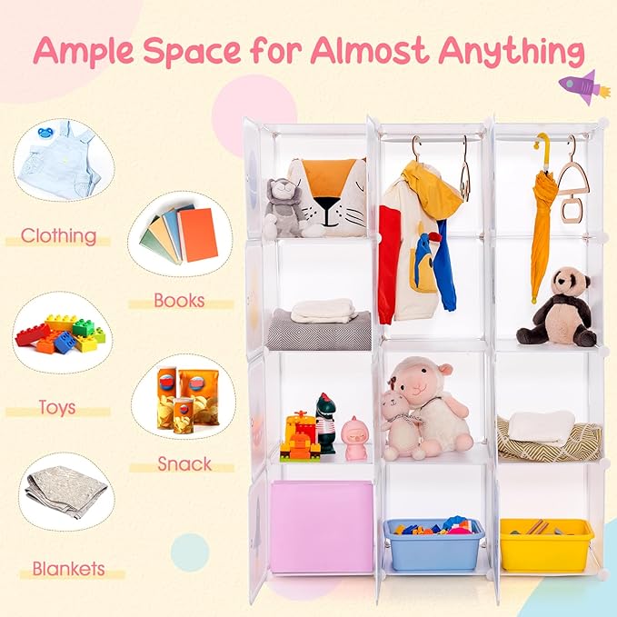INFANS Children Wardrobe, Kid Closet Portable Baby Dresser Cute for Kids Bedroom Nursery Armoire with Doors 12 Cube 2 Hanging Sections, Kid Clothes Storage Organizer (White, 12 Cubes)