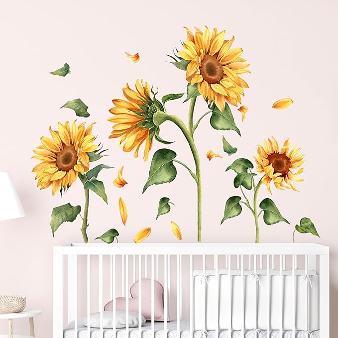 Vintage Sunflower Wall Decal Garden Floral Wall Sticker Yellow Flower with Green Leaves Wall Decals Peel and Stick Wall Stickers Aesthetics Decor for Living Room Bedroom