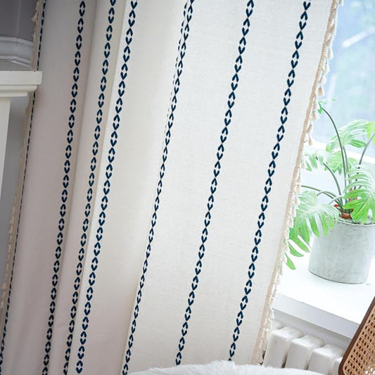 Deeprove Navy Blue Boho Curtain 84 inches Long for Bedroom, Vintage Bohemian Embroidery Farmhouse Cotton Royal Blue Striped Linen Country Tassel Window Treatments Decor, W52 x L84, 1 Panel