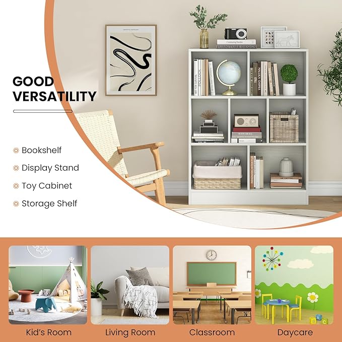 Costzon 7-Cube Bookshelf for Kids, Wooden Toy Storage Organizer w/ 2 Anti-Toppling Kits, 3 Tier Open Shelves & Non-Slip Foot Pads, Montessori Toy Shelf for Kids Rooms, Playroom, Classroom, Nursery