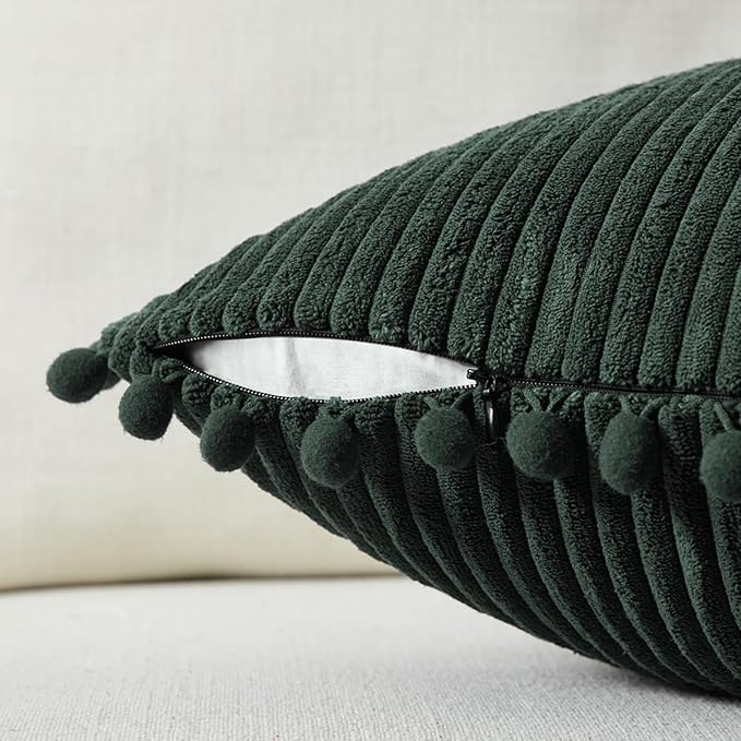 Fancy Homi Set of 2 Dark Green Boho Decorative Throw Pillow Covers 20x20 Inch with Pom-poms for Living Room Couch Bed Sofa Bedroom Indoors, Modern Farmhouse Boho Vintage Army Green Home Decor