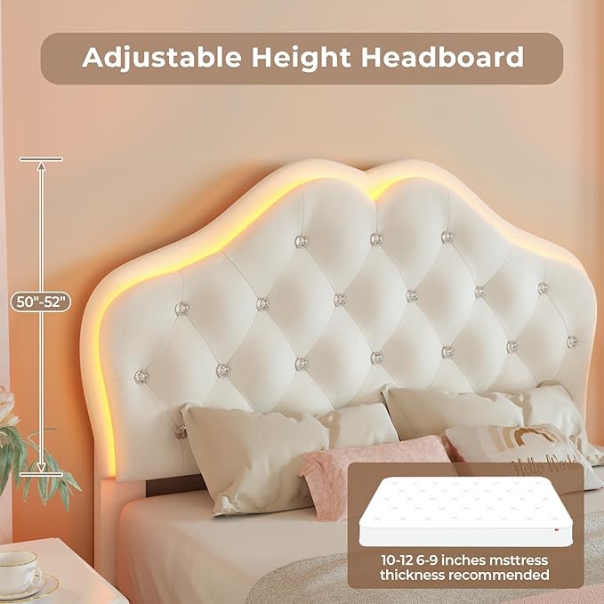 BTHFST Twin Size Upholstered Bed Frame with LED Lights, Adjustable Headboard with Crystal Button, Princess Platform Bed for Girls, Solid Wood Slats Support, No Box Spring Needed, Beige
