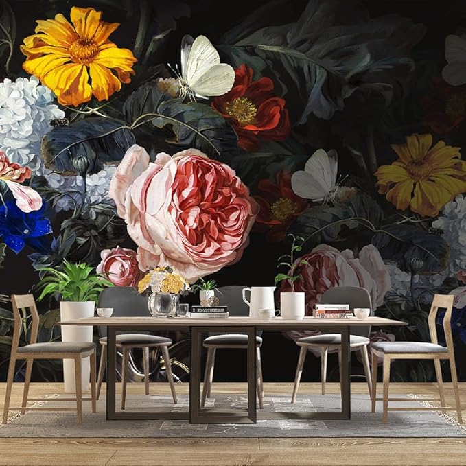 Vintage Black Flowers Mural Bedroom Peony Floral Wallpaper Room Decor Living Room tv Background Large Wall Mural - 91"x65" (Not Peel and Stick)