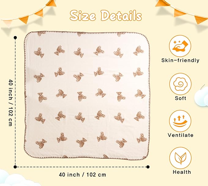 Baby Blanket Double Layer Cotton 40 x 40 Soft Receiving Blanket with Pattern Machine Washable Brown Bear
