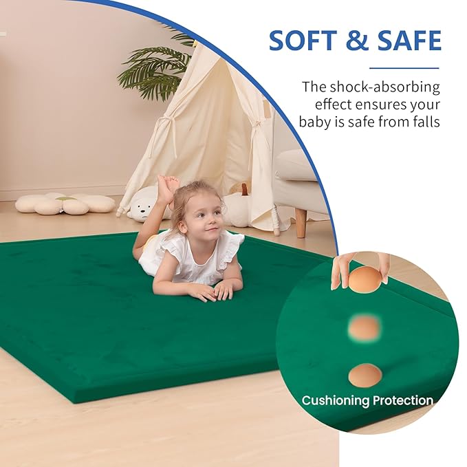 Baby Play Mat for Floor,1.3" Thick Elasti-Foam 50x50 Playpen Mats for Toddlers Infant Kids,Water-Repellent Soft Coral Velvet Tummy Time,Non Slip Crawling Rug,Tatami Mats(Dark Green)