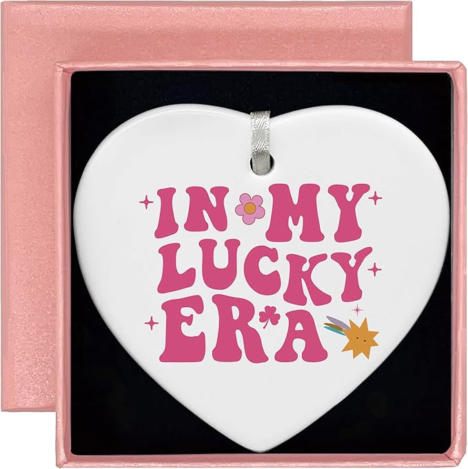 Heart Shaped Christmas Ornament-Lucky Era Keepsake-Shamrock Charm Decor for Women Men-St Patrick's Day Gift-Birthday Celebration Ornament-Ceramic Home Decor in My Lucky Era